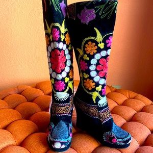 Rockwell Tharp Embroidered WedgeHeel Boots Black Multicolor SzEU40 9-9.5 Zipper
